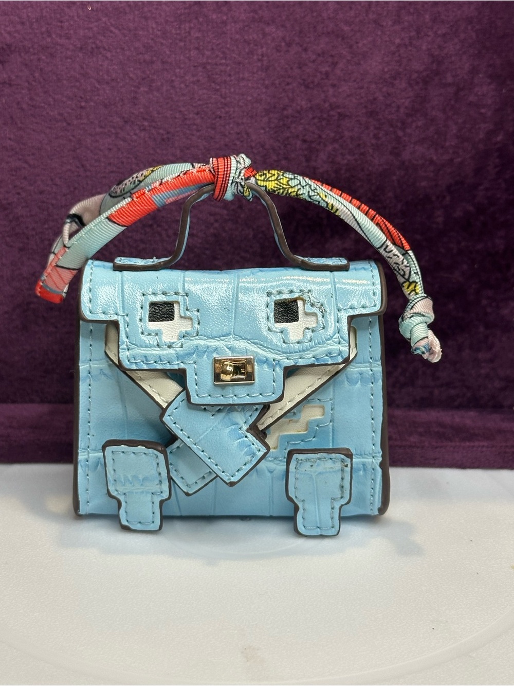 Mini Pixel Style Bag Charm Baby Blue Croc Embossed With Twilly Scarf